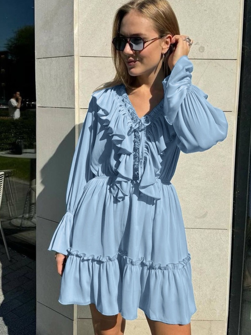 & Other Stories Powder Blue Ruffle V-Neck Tiered Long Sleeve Dress